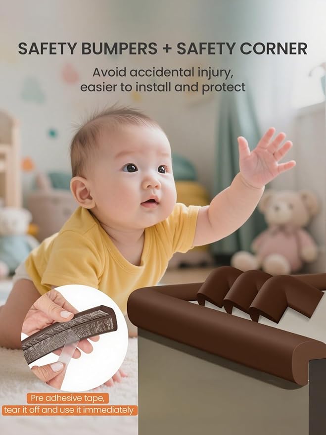 Baby Proof Edge Corner Protector, 16.4FT 0.47''Th L-Shape Furniture Corner & Edge Safety Bumper with 10 Corners, Pre-Taped, Soft NBR Rubber Foam Desk Edge Cushion Wall Corner Protector (Coffee)
