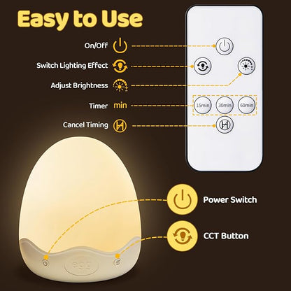 COOLNIGHT Nursery Night Light with Clock,10 Brightness+10 Colors Egg Light for Nursery,Touch+Remote+3600mAh Rechargeable Egg Night Light for Baby Nursery,Warm Light for Breastfeeding 1h Timer&Portable