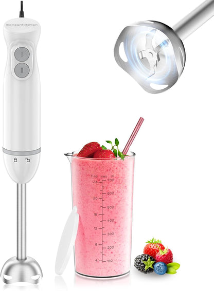 Bonsenkitchen Hand Blender, Immersion Blender with 2 Mixing Speed, Electric Handheld Mixer Portable Stick Mixer with Stainless Steel Blades for Soup, Smoothie, Puree, Baby Food