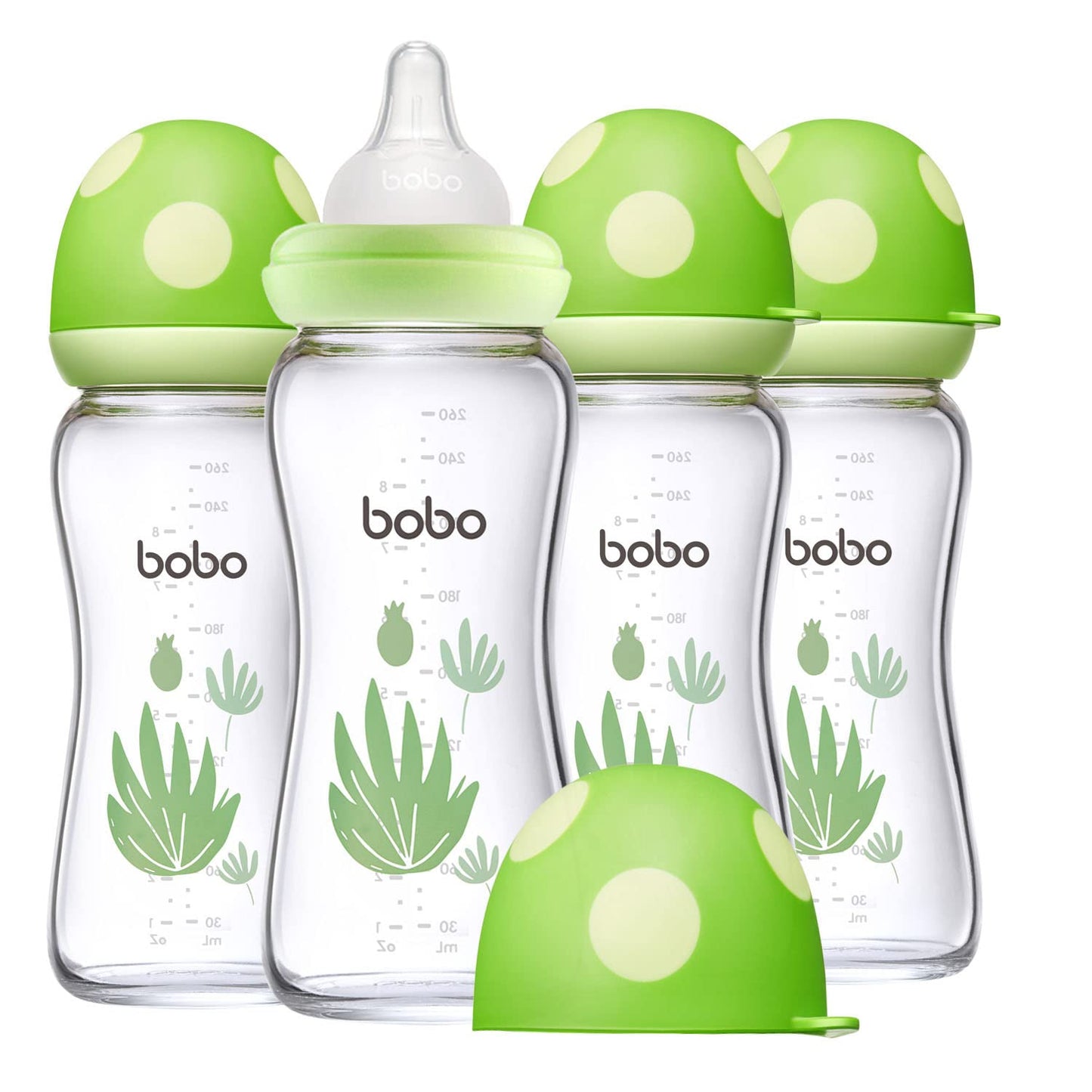 YOHKOH Natural Glass Baby Bottle with Level 1 Slow Flow Nipple, Newborn Anti-Colic Baby Bottles, Wide Neck Mushroom Baby Glass Bottle (Multicolour-A, 3.4oz (Pack of 4))