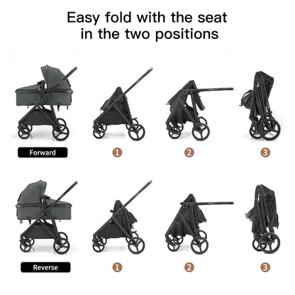 Gromast 3-in-1 Baby Stroller, Convertible Stroller for Newborn Infant Toddler with Reversible Seat, UPF 50+ Canopy & Cup Holder - Black