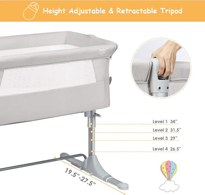 BABY JOY Baby Bedside Crib, Portable Travel Sleeper Bed Side Bassinet w/Carrying Bag, Newborn Bassinet to Infant, Kids Crib with Detachable Mattress, Height Adjustable Design, Breathable Mesh, Grey