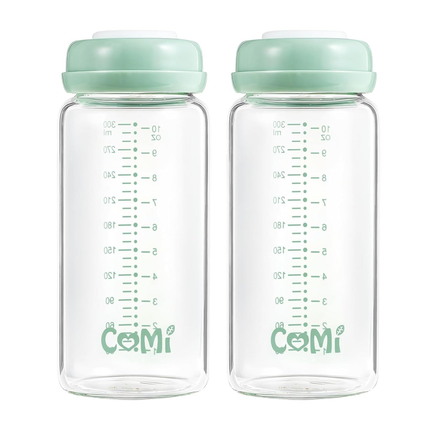 COMI Wide Neck Glass Breastmilk Collection n Storage Bottle, 4 Packs,10oz with Screw Ring Sealing Disk,Re-markable Sealing Disc,BPA Free,Fits Breast Pumps&Nipples(4 Green Lids)