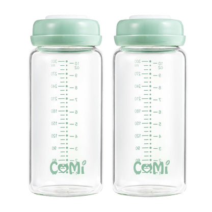 COMI Wide Neck Glass Breastmilk Collection n Storage Bottle, 4 Packs,10oz with Screw Ring Sealing Disk,Re-markable Sealing Disc,BPA Free,Fits Breast Pumps&Nipples(4 Green Lids)
