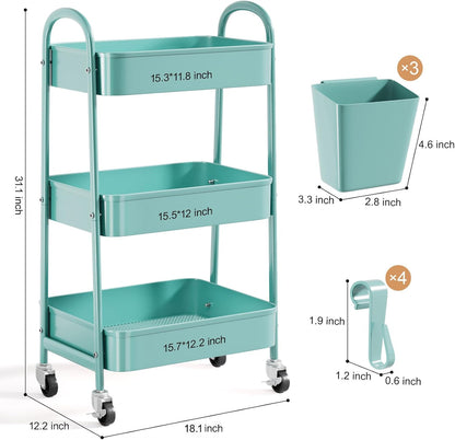 3 Tier Heavy Duty White Metal Rolling Cart with Lockable Wheels, Three Tier Roller Book Snack Cart, Utility Storage Organizer Carts for Kitchen, Bathroom, Garage, Baby Diaper, Craft, Art, Teacher