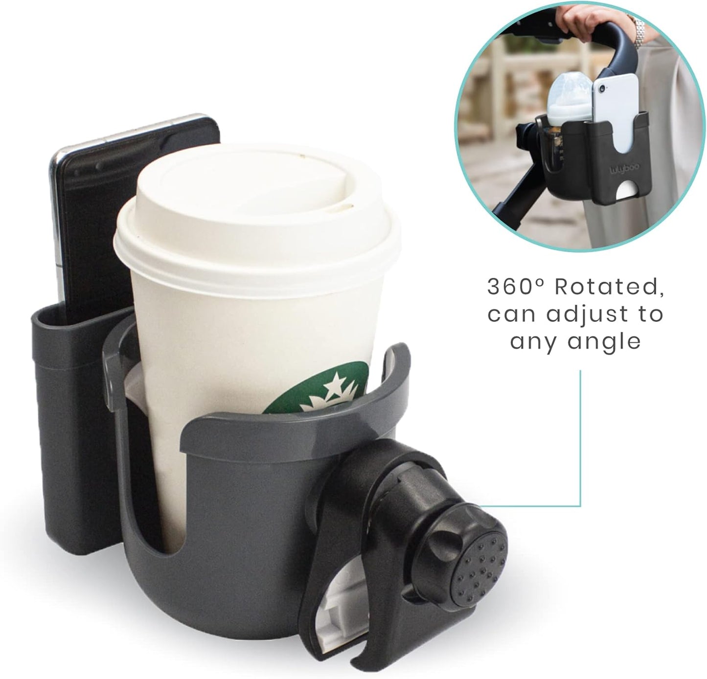 Lulyboo 2-in-1 Stroller Organizer with Phone & Cupholder, Adjustable, Rotatable, Lightweight & Durable, Fits All Phone Sizes & Beverage Bottles, Black
