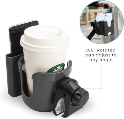 Lulyboo 2-in-1 Stroller Organizer with Phone & Cupholder, Adjustable, Rotatable, Lightweight & Durable, Fits All Phone Sizes & Beverage Bottles, Black