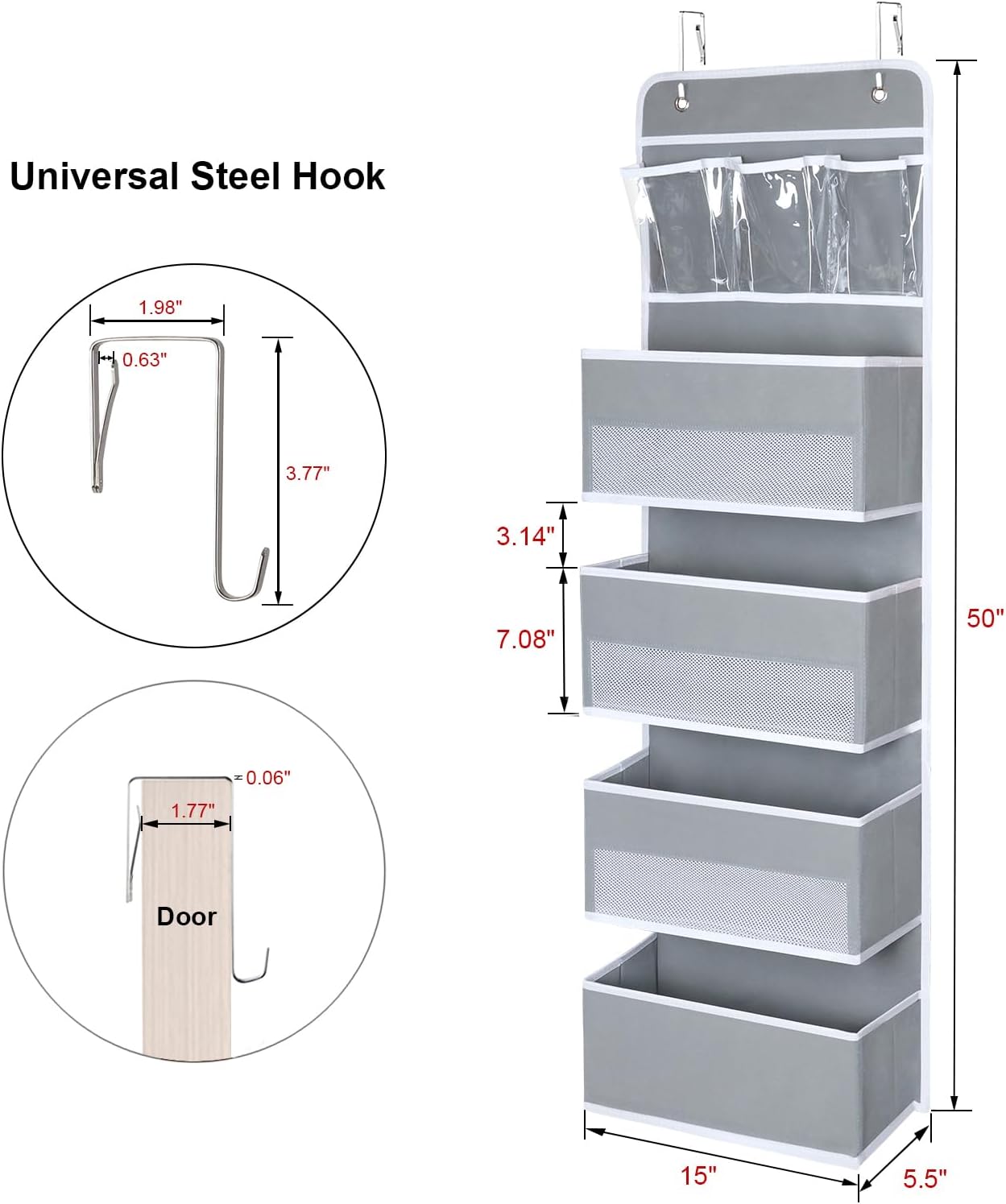 Univivi Over The Door Organizer, 5 Shelf Door Hanging Organizer Nursery Door Storage with 4 Large Compartments and 2 Small PVC Pockets 6 Side Pockets for Bathroom,Cosmetics and Nursery Baby Essential