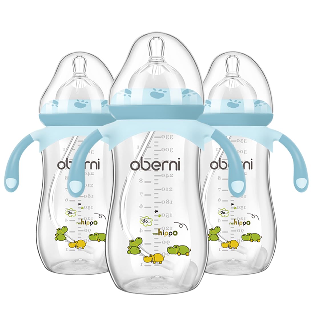 Oberni Toddler Milk Bottle 330ml/11oz, Anti-Colic Baby Bottle with Fast Variable Flow Nipple for 12 Months, Weigthed Straw, Non-Slip Handle, Pink/1Pack