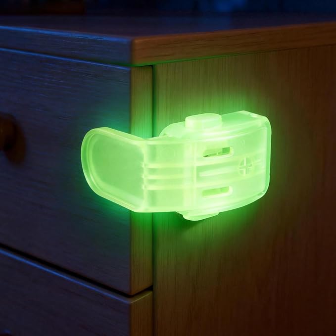 Maveek Baby Proof Drawer Lock Glow In The Dark, 4 Pack Luminous Cabinet Button Locks For Kitchen Cupboard, RV, Furnitures, Easy To Find At Night, Fluorescent Green