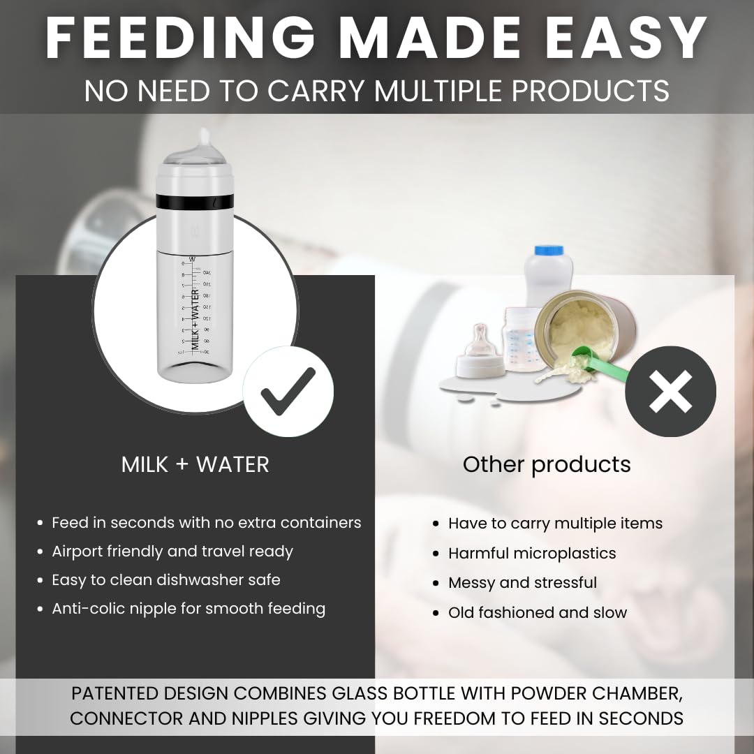 MILK & WATER Glass All in One Baby Bottle & Baby Formula Dispenser On The Go (Olive Green, 9oz Medium Flow 3m+)
