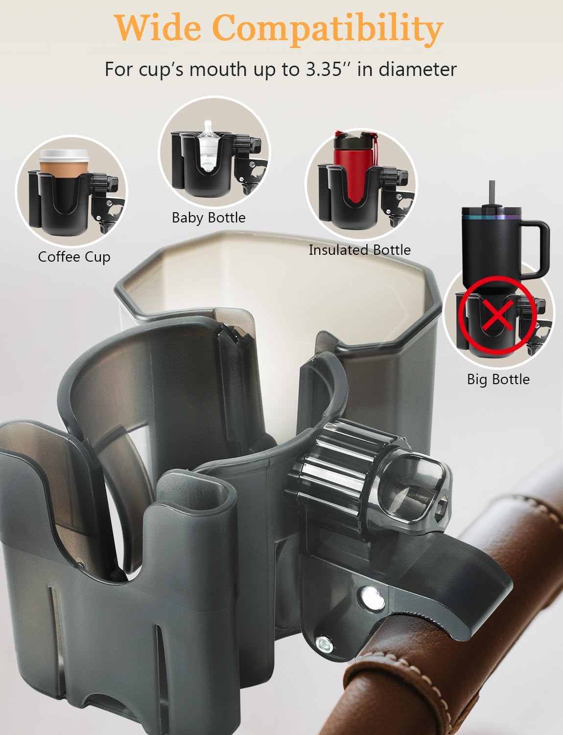 Universal Stroller Cup Holder with Phone Holder, 360° Rotatable Strong Clip, Big Storage Space for Walker, Wheelchair, Stroller, Bike