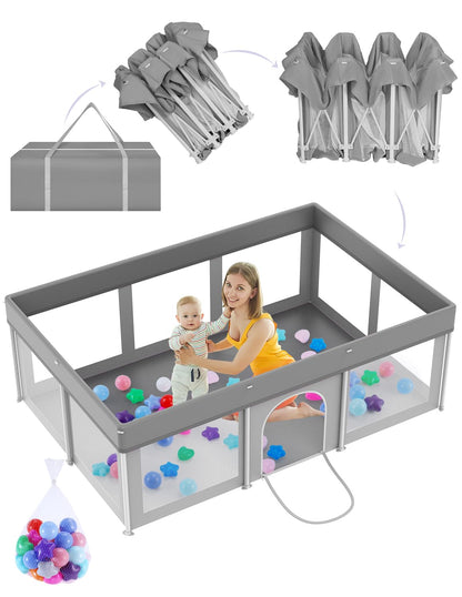 Foldable Baby Playpen 50"×50", Playard for Babies and Toddlers, Portable Safety Baby Fence Lightweight,No Installation, Indoor & Outdoor Playpen with Ocean Balls*50, Grey
