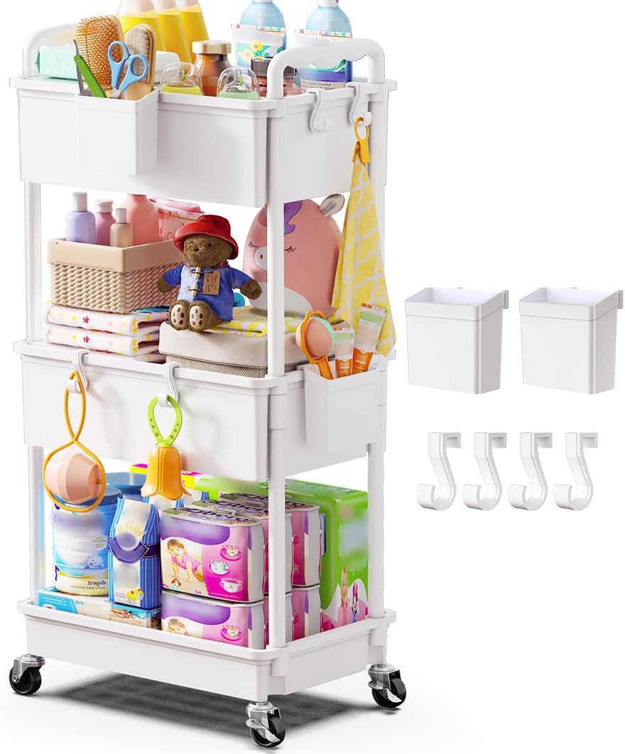 Goovilla Diaper Cart with Lockable Wheels and Easy Assembly, 3 Tier Black Rolling Cart for Baby Nursery Storage, Sturdy Ample Diaper Caddy Organizer for Baby Girl, Boy, New Mom, Newborn Essentials