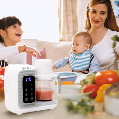 EVLA'S Baby Food Maker, Steamer, Blender, Baby Food Processor for Healthy Homemade Baby Food in Minutes, Touch Screen with 6 Reusable Food Pouches, Baby Registry Essential, White