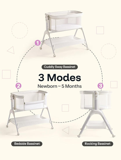 HARPPA Cuddly Sway Baby Bassinet Bedside Sleeper, 3 in 1 Rocking Bassinet with Mattress and Soft Cover, Full Mesh Sides, 5 Height Adjustable with Wheels for Newborns, Beige