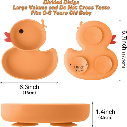 Qshare Powerful Suction Plates for Baby and Toddler,Baby Divided Plate,Thanksgiving Plates with Fork and Spoon,Duck Baby Plate Non-Slip,BPA Free,Microwave & Dishwasher Safe (Orange)