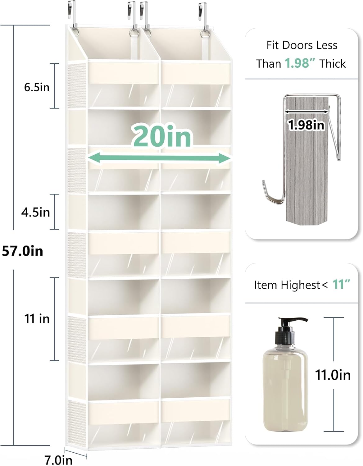 Heavy Duty Over The Door Organizer 5 Tiers, Extra Large Behind Door Storage of 10 Big Front & 10 Mesh Pockets, 80lb Weight Capacity, Hanging Doors Storage Organizer for Closet Bedroom Nursery, Grey