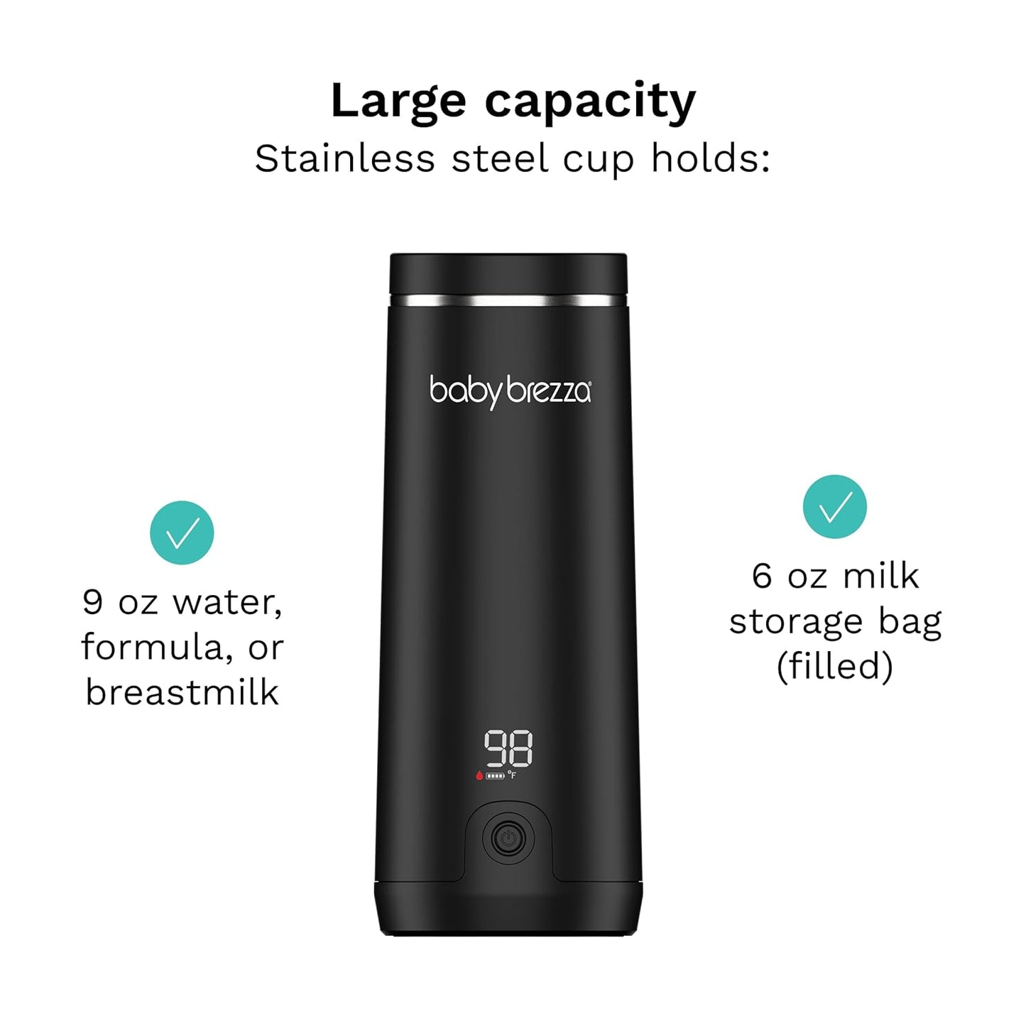 Baby Brezza Portable Warmer – 3X Faster Baby Bottle Warming - Travel Breastmilk and Formula Warmer - Safe, Even Heating - Up to 9oz - No Adapters, Black