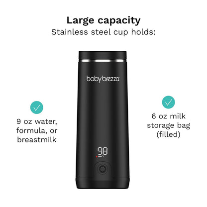 Baby Brezza Portable Warmer – 3X Faster Baby Bottle Warming - Travel Breastmilk and Formula Warmer - Safe, Even Heating - Up to 9oz - No Adapters, Black