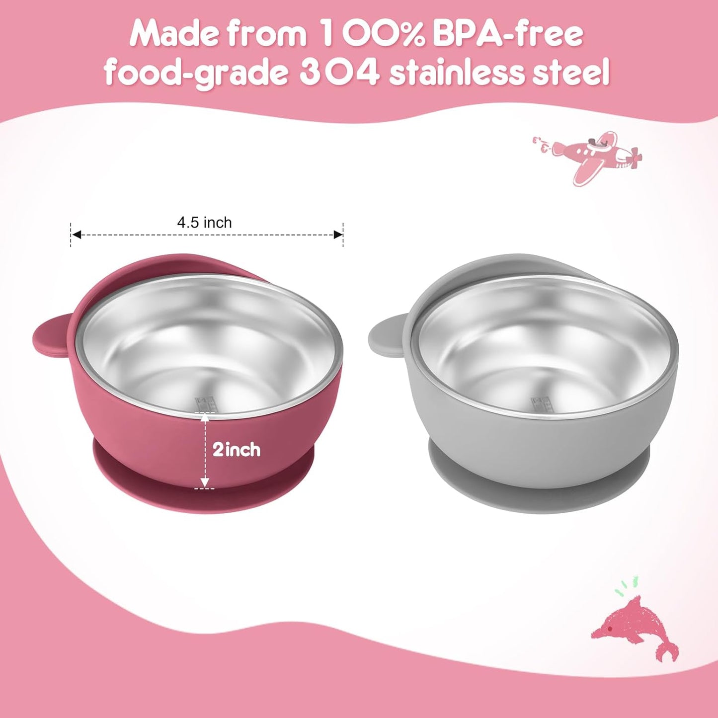 2 Pack Stainless Steel Baby Bowls with Suction, Toddler Bowls with Removable Silicone Shell for Kids, Non-Slip Toddler Baby Feeding Set Dishwasher Safe-Gray & Blue