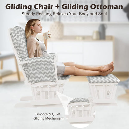 Costzon Nursery Glider with Ottoman, Upholstered Comfort Glider Rocker with Padded Cushion, Storage Pocket, Solid Wood Base, Rocking Chair Nursery for Breastfeeding, Napping (Light Gray)