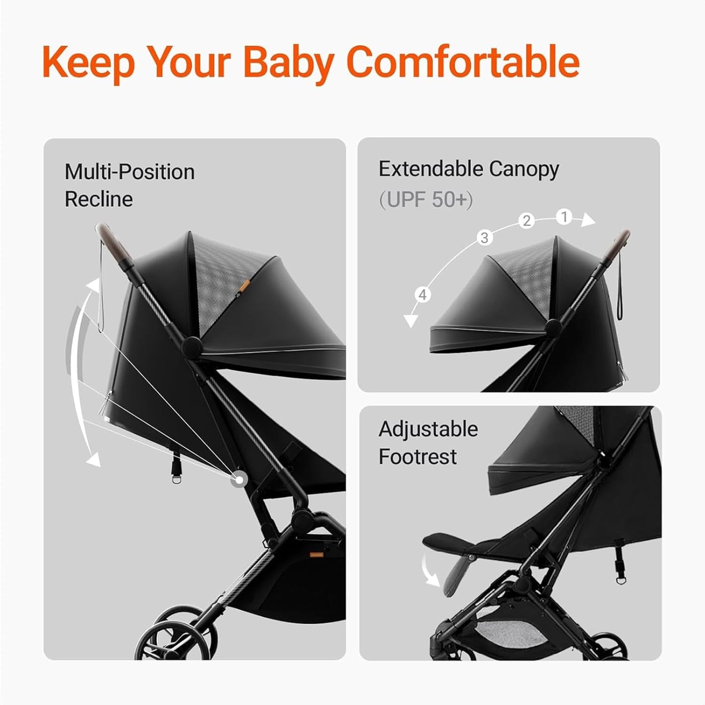 MAMAZING Ultra Air Lightweight Baby Travel Stroller with Carbon Fiber Frame, Compact & Airplane-Friendly, One-Handed Fold, 11.6 lbs, Perfect for Toddlers, Grey
