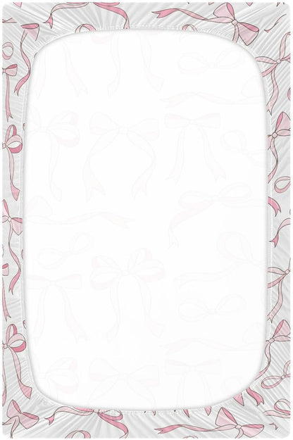 Fitted Crib Sheets Pink Checkered and Bows Stretchy Portable Playard Sheets for Baby Toddler, Breathable Soft Mini Crib Mattress 39 x 27 in for Boys and Girls