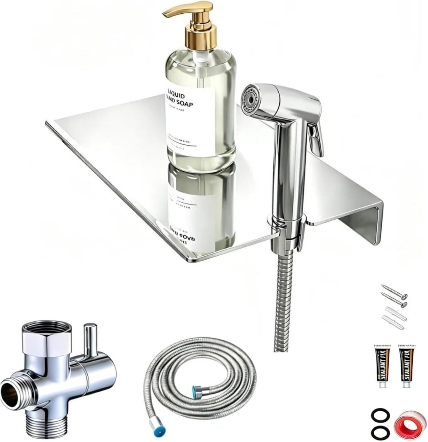 Handheld Bidet Sprayer & Muslim Shower Kit with Storage Shelf, Brass T-Valve, Adjustable Pressure, No Drip, Easy Install Toilet Bidet for Hygiene, Feminine Care, Diaper & Pet Wash, Ceruleanix