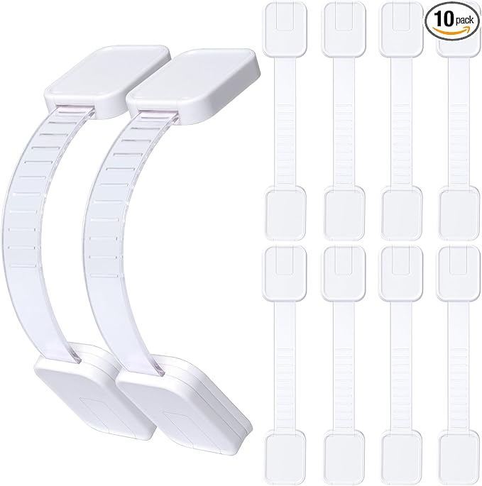 10-Pack Adhesive Baby proofing Strap Locks, Child Proof Cabinet Latches for Drawers, Microwave, Oven, Trash Can, Refrigerator, Toilet Lid, Adjustable No Drilling Need