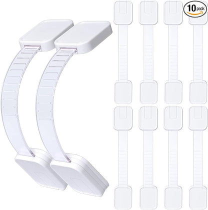 10-Pack Adhesive Baby proofing Strap Locks, Child Proof Cabinet Latches for Drawers, Microwave, Oven, Trash Can, Refrigerator, Toilet Lid, Adjustable No Drilling Need