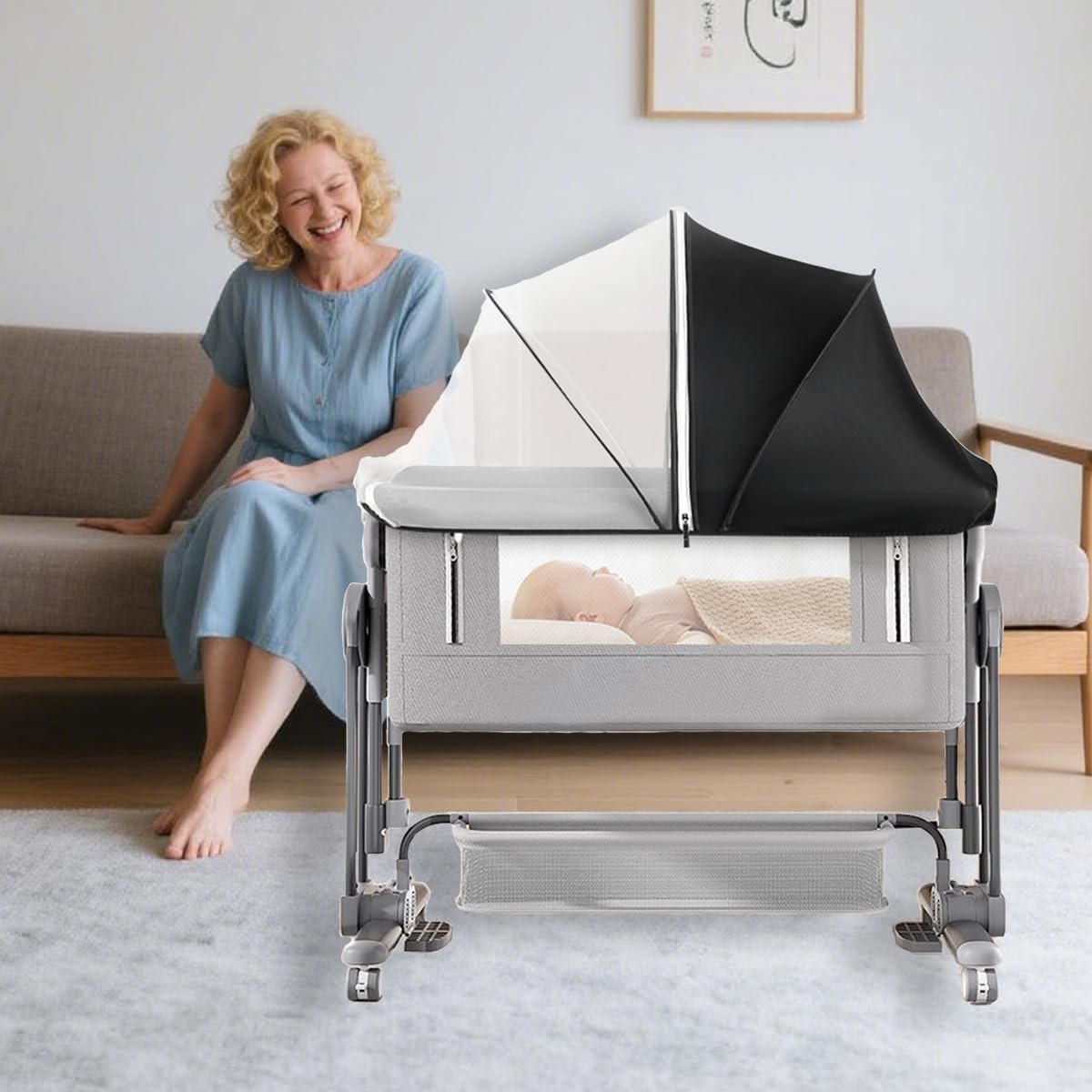 Akiky Portable Bassinet Bedside Sleeper Cover Semi-Sunshade Mosquito Net for Baby Infant Bed Sleeper Cover Mesh Net with Zip-up Window(Gray)