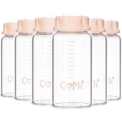 COMI Natural Glass Baby Bottle,Breastmilk Storage Bottle for Fridge,Breast Milk Container,Breast Pump Bottle Compatible with Medela Breast Pump,BPA Free,2PCS (5oz,2 Gray Lids)