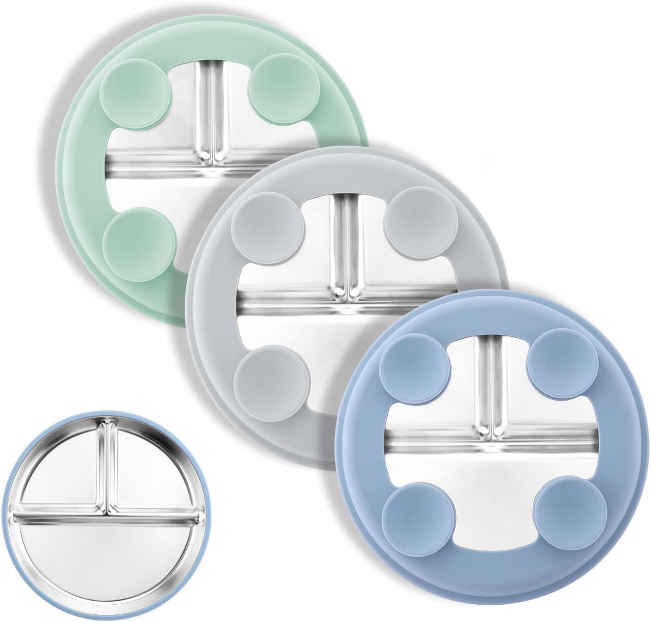 Bakpoco Stainless Steel Toddler Plate with Suction, 9” Divided Plates with Removable Silicone Sleeves for Kids, Non Toxic & BPA Free | Non Slip | Unbreakable Baby Snack Dishes Set of 2, Blue & Gray