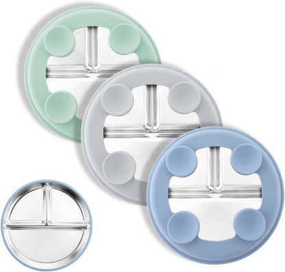 Bakpoco Stainless Steel Toddler Plate with Suction, 9” Divided Plates with Removable Silicone Sleeves for Kids, Non Toxic & BPA Free | Non Slip | Unbreakable Baby Snack Dishes Set of 2, Blue & Gray