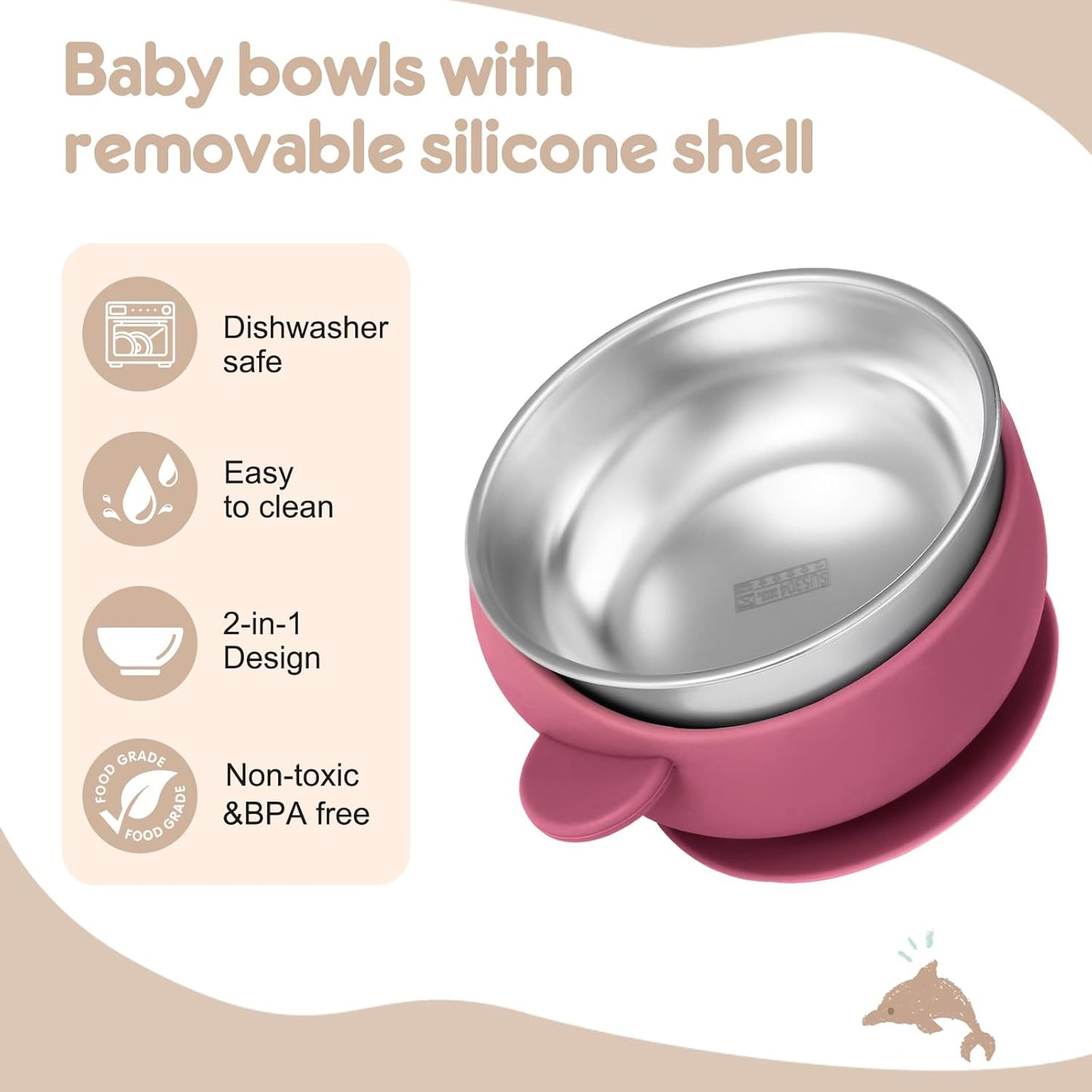 2 Pack Stainless Steel Baby Bowls with Suction, Toddler Bowls with Removable Silicone Shell for Kids, Non-Slip Toddler Baby Feeding Set Dishwasher Safe-Gray & Blue