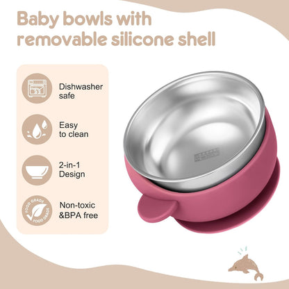 2 Pack Stainless Steel Baby Bowls with Suction, Toddler Bowls with Removable Silicone Shell for Kids, Non-Slip Toddler Baby Feeding Set Dishwasher Safe-Gray & Blue