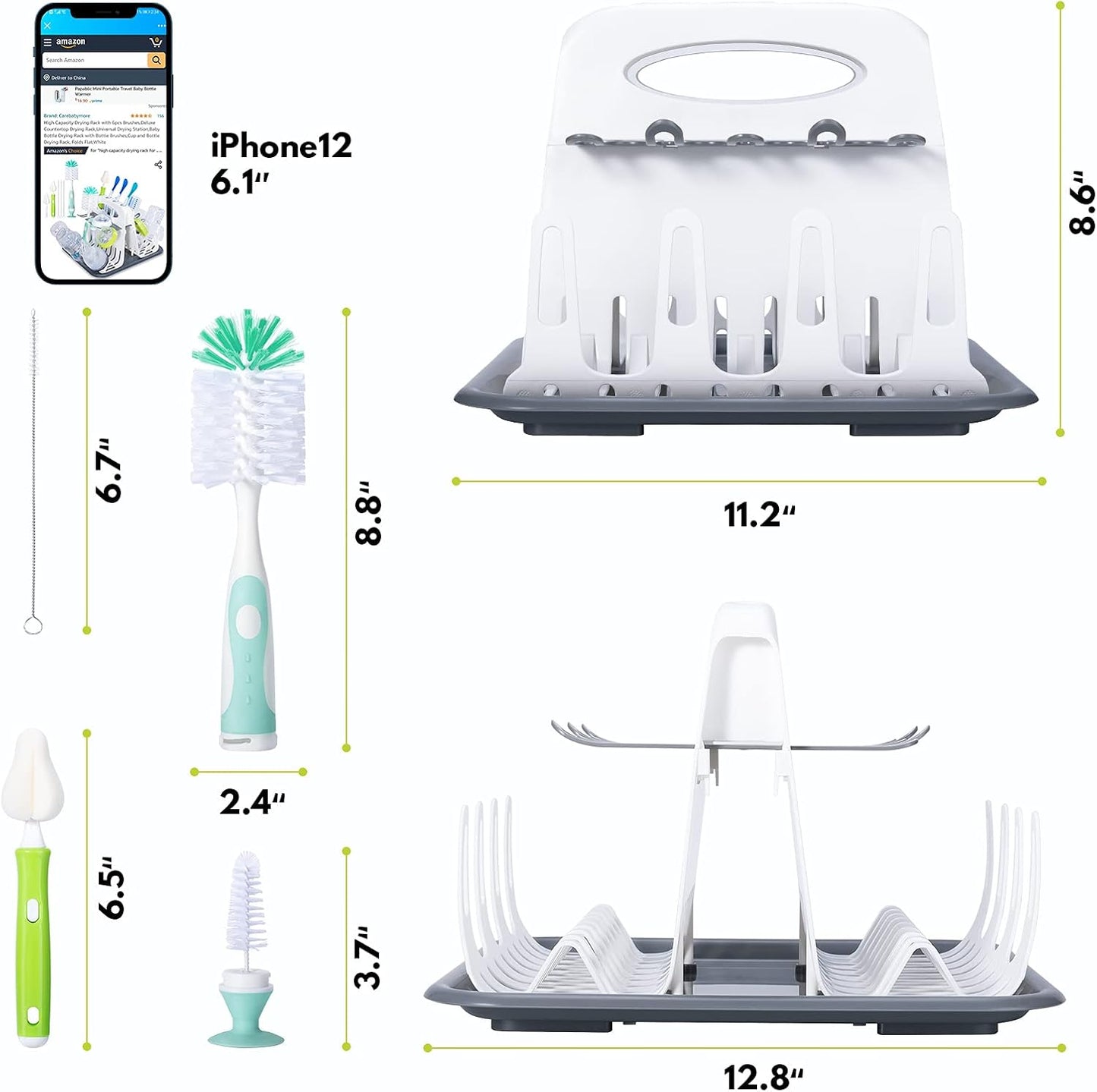 CAREBABYMORE High Capacity Drying Rack with 5pcs Brushes, Deluxe Countertop Drying Rack, Universal Drying Station, Baby Bottle Drying Rack with Bottle Brushes, White