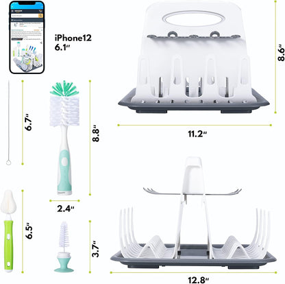 CAREBABYMORE High Capacity Drying Rack with 5pcs Brushes, Deluxe Countertop Drying Rack, Universal Drying Station, Baby Bottle Drying Rack with Bottle Brushes, White