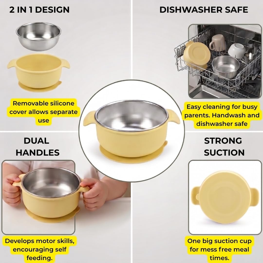 Stainless Steel Baby Suction Bowls with Handles 2 Pack, Non-Slip Children Food Bowl with Silicone Sleeve for Kids Toddlers Infants, Unbreakable & Non Toxic (Sage Green & Mocha Mousse)