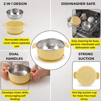 Stainless Steel Baby Suction Bowls with Handles 2 Pack, Non-Slip Children Food Bowl with Silicone Sleeve for Kids Toddlers Infants, Unbreakable & Non Toxic (Sage Green & Mocha Mousse)