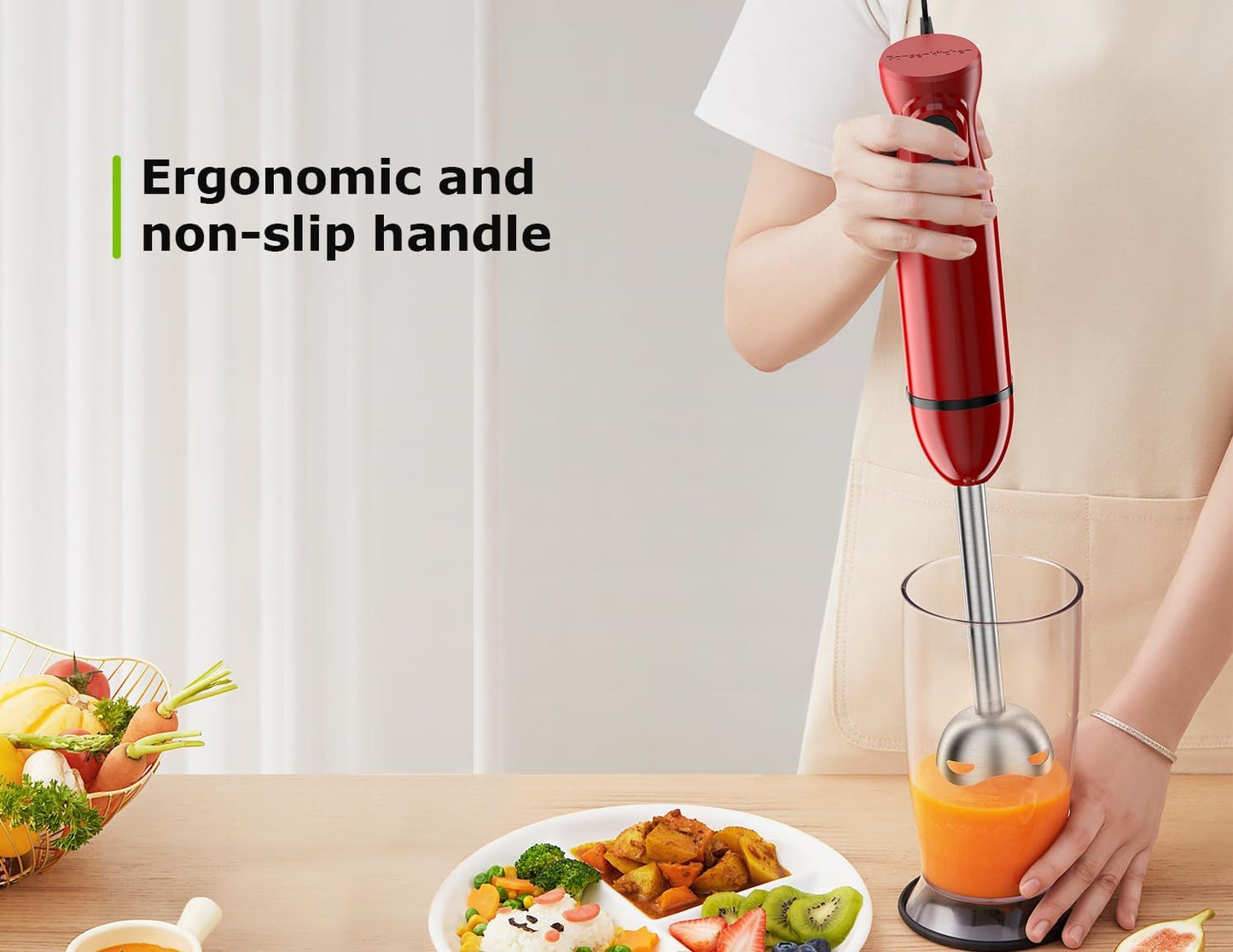 Bonsenkitchen Hand Blender, Immersion Blender with 2 Mixing Speed, Electric Handheld Mixer Portable Stick Mixer with Stainless Steel Blades for Soup, Smoothie, Puree, Baby Food