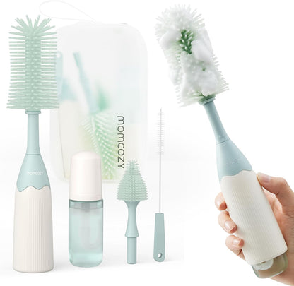 Momcozy Bottle Brush Set - Baby Bottle Cleaner Kit with Silicone Brush, Nipple Brush, Straw Brush, Soap Dispenser, Drying Rack - 7 in 1 Bottle Cleaning Tool for Home and Travel, Green
