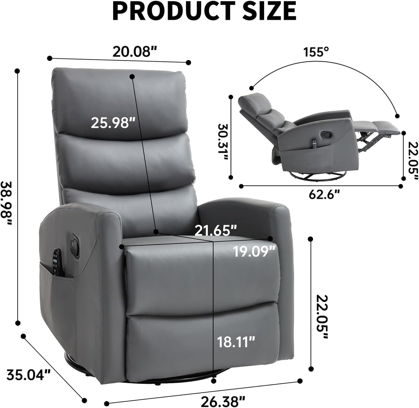 Massage Chair Recliner with Heat, Swivel Rocking Chair Recliner with High Back, Manual Nursery Recliners for Adults,Small Recliner Chair for Small Spaces, Living Room Bedroom, Fabric (Blue Green)