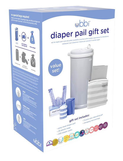Ubbi Diaper Changing Value Gift Set, Baby Registry Gift, Includes Gray Diaper Pail, Absorbing Gels, Travel Changing Mat & Bag, Diaper Pail Waste Bags and On-the-Go Waste Sacks