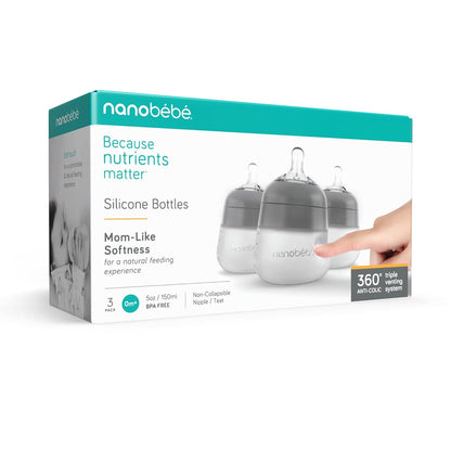 Nanobebe Flexy Silicone Baby Bottle, Anti-Colic, Natural Feel, Non-Collapsing Nipple, Non-Tip Stable Base, Easy to Clean 4-Pack, Pink/White, 5 oz