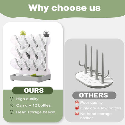 Hranio Baby Bottle Drying Rack Baby Bottle Organizer Drying Rack Space Saving Foldable Dish Can Dry Up to 12 Bottles Large Vertical for Infant Accessories & Pump Parts (Gray)