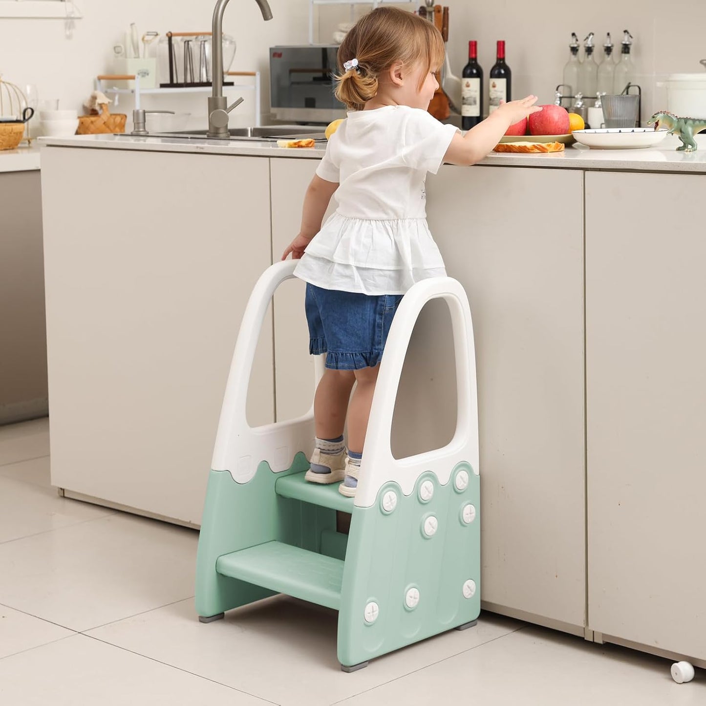 Two Step Stool with Handrails for Toddler and Kids, Standing Learning Stool Tower for Bathroom Sink, Potty Training, Children Step Up Learning Helper with Handles and Safety Non-Slip Pads(Gray)