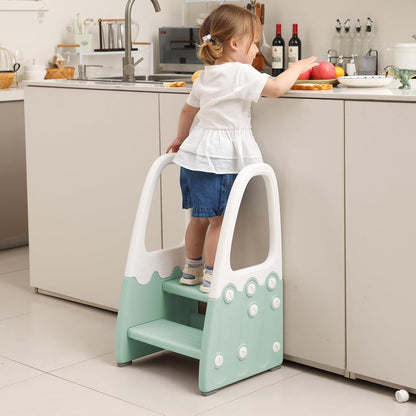 Two Step Stool with Handrails for Toddler and Kids, Standing Learning Stool Tower for Bathroom Sink, Potty Training, Children Step Up Learning Helper with Handles and Safety Non-Slip Pads(Gray)