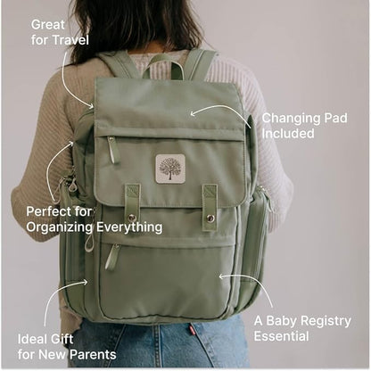 Parker Baby Diaper Backpack - Large Diaper Bag with Insulated Pockets, Stroller Straps and Changing Pad -"Birch Bag" - Sage Green